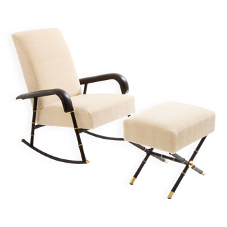 Jacques Adnet Rocking chair and ottoman in leather and mohair velvet 1950