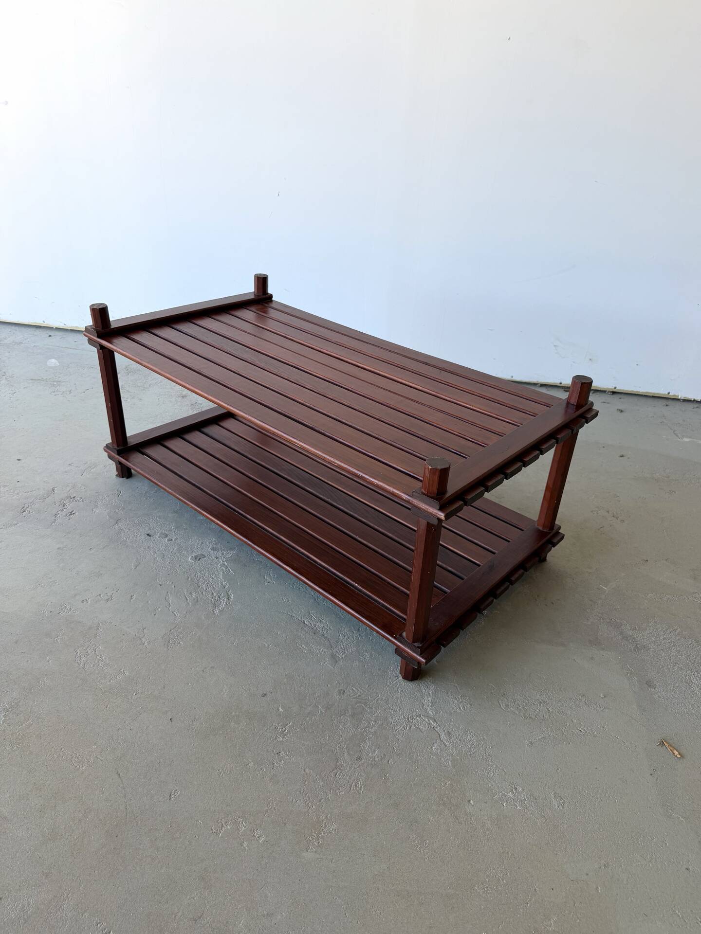 Pine slatted coffee table in vintage 1970s Scandinavian design.