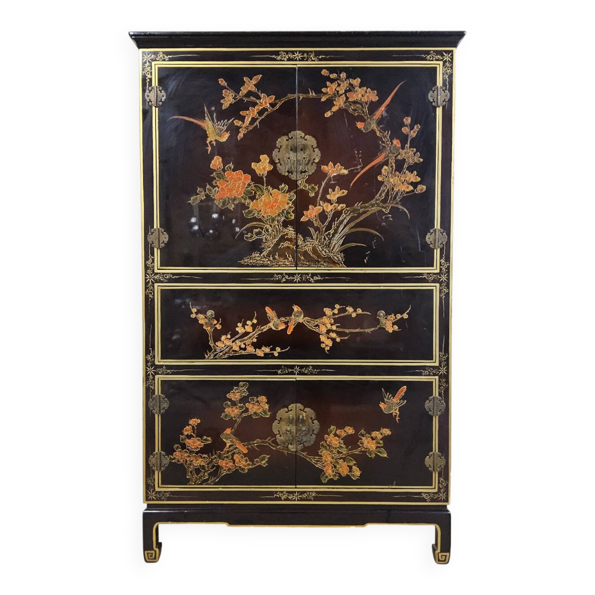 Vintage red / gold Chinese lacquer cabinet with flowers and birds
