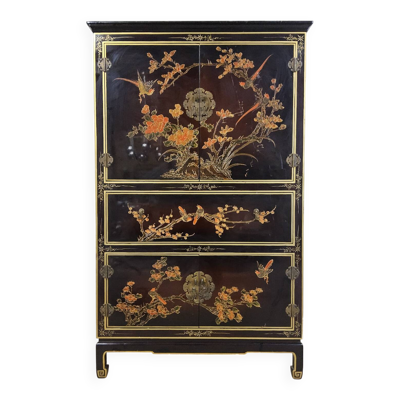 Cabinet vintage en laque chinoise rouge et dorée, décor de fleurs et d'oiseaux