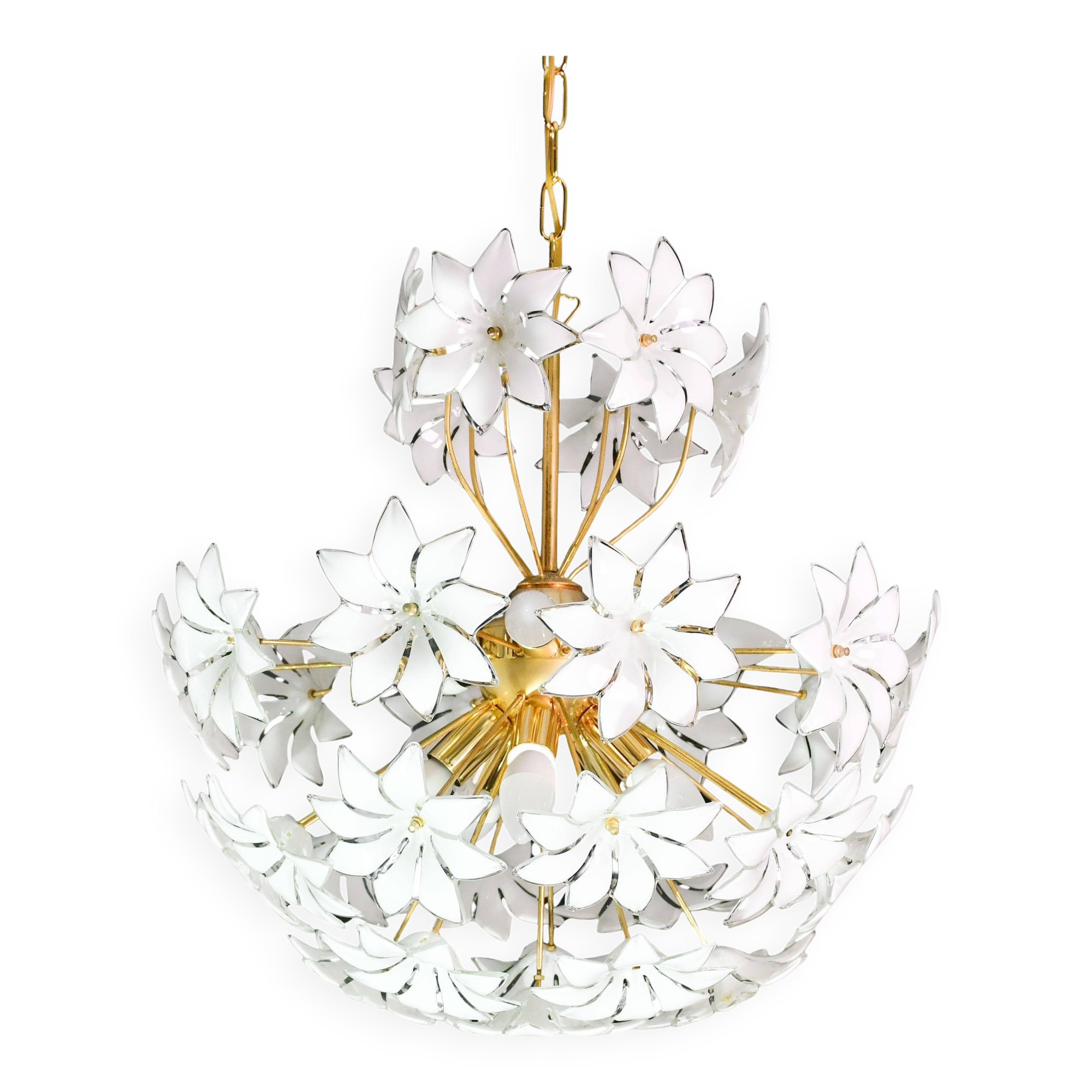 Magnifique lustre Sputnik en verre de Murano blanc orné de fleurs, années 1980