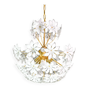 Magnifique lustre Sputnik en verre de Murano blanc orné de fleurs, années 1980