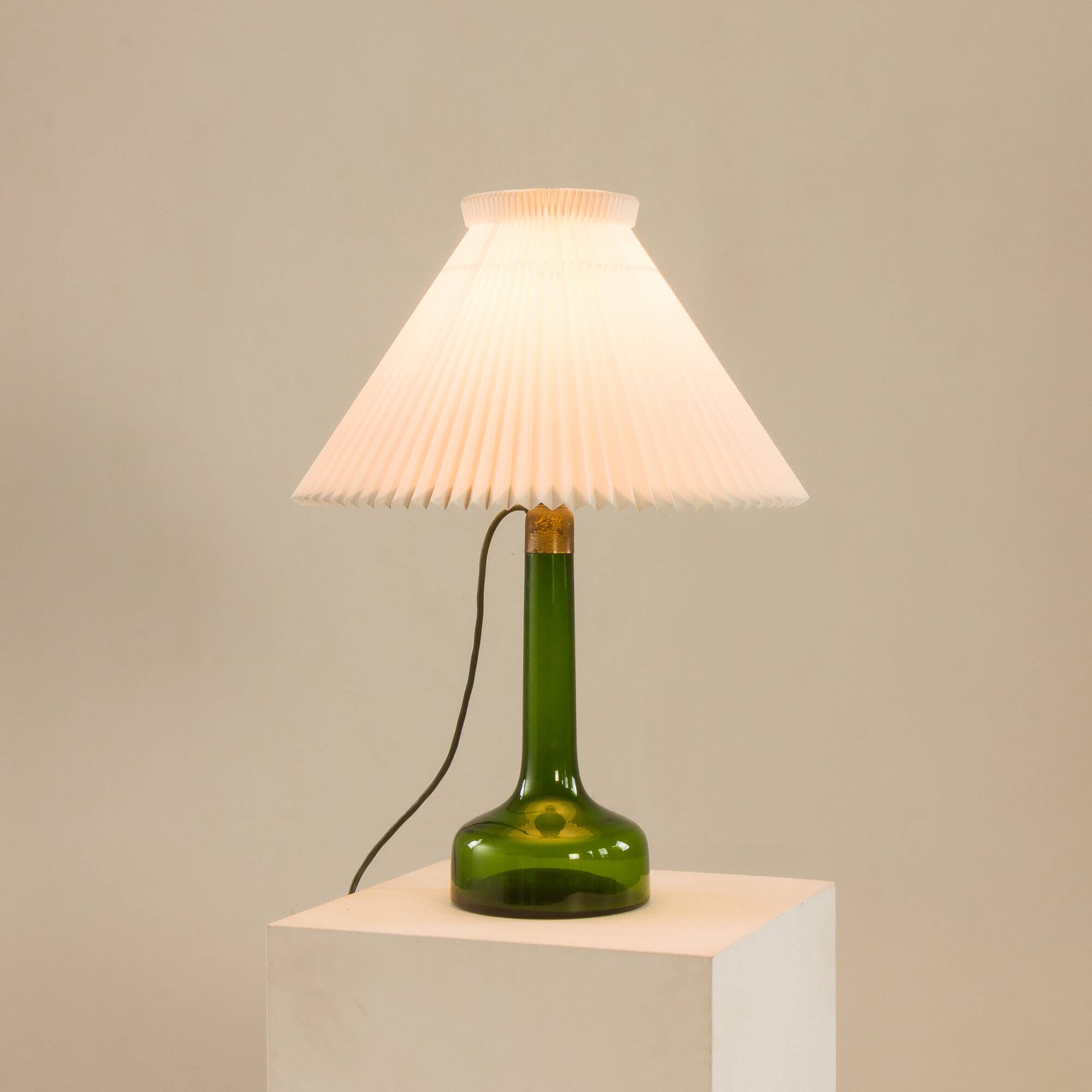 Holmegaard XL deep green lamp with Le Klint shade, 1960s