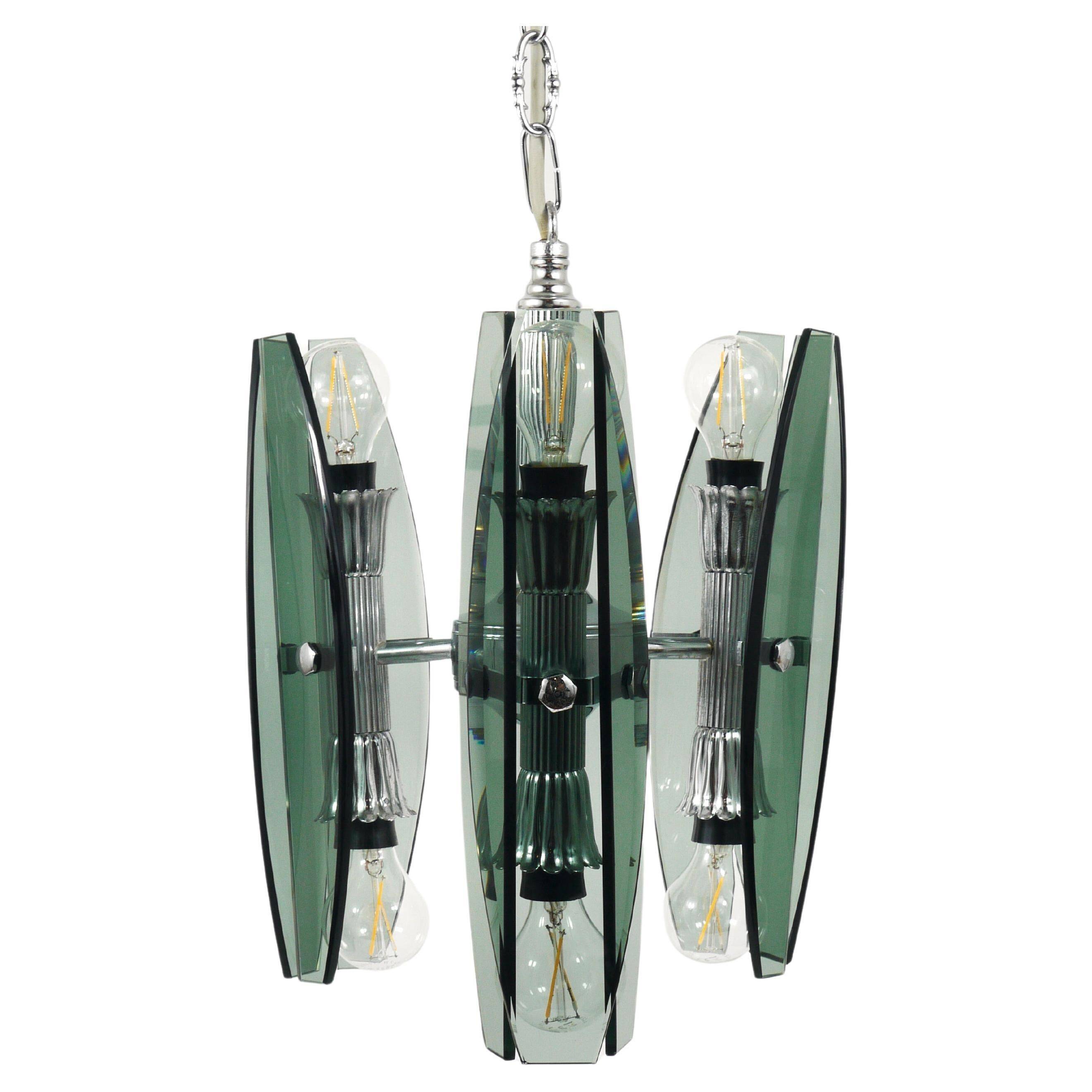 Glass and chrome suspension light in Fontana Arte style by Veca Murano, Italy.