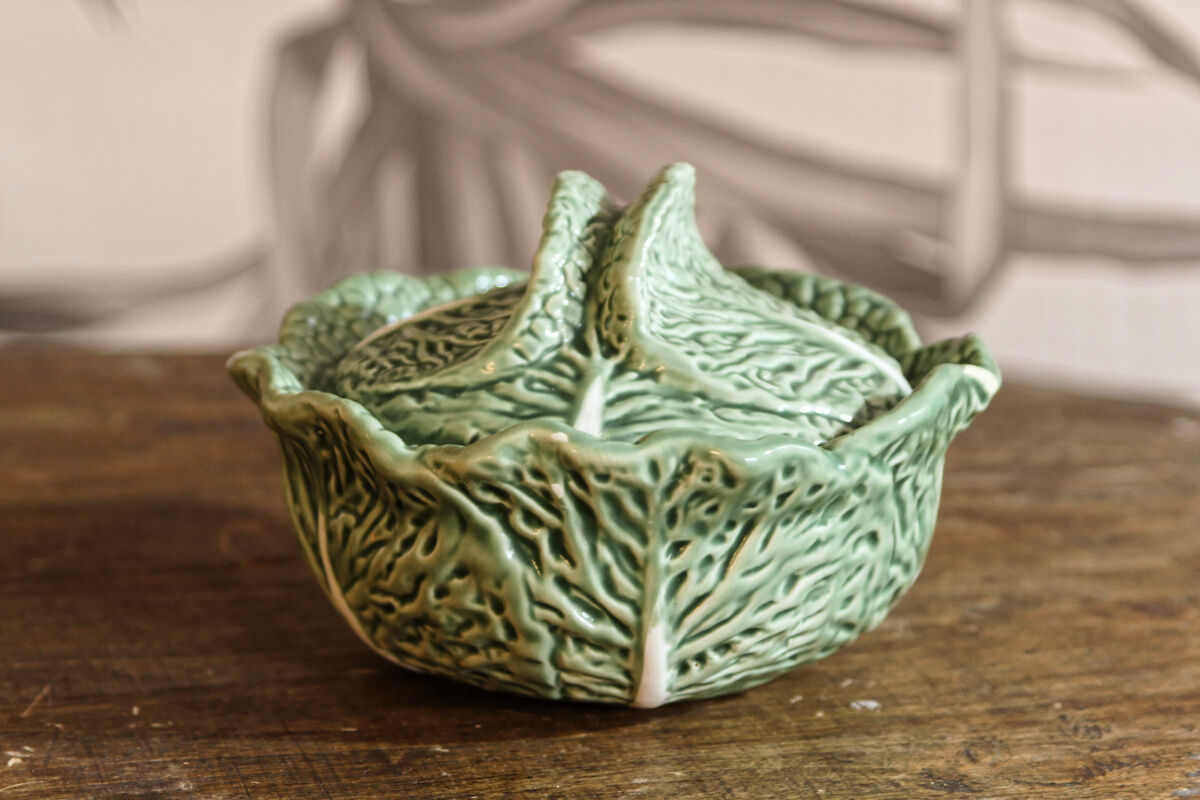 Covered pot in slip, collard greens