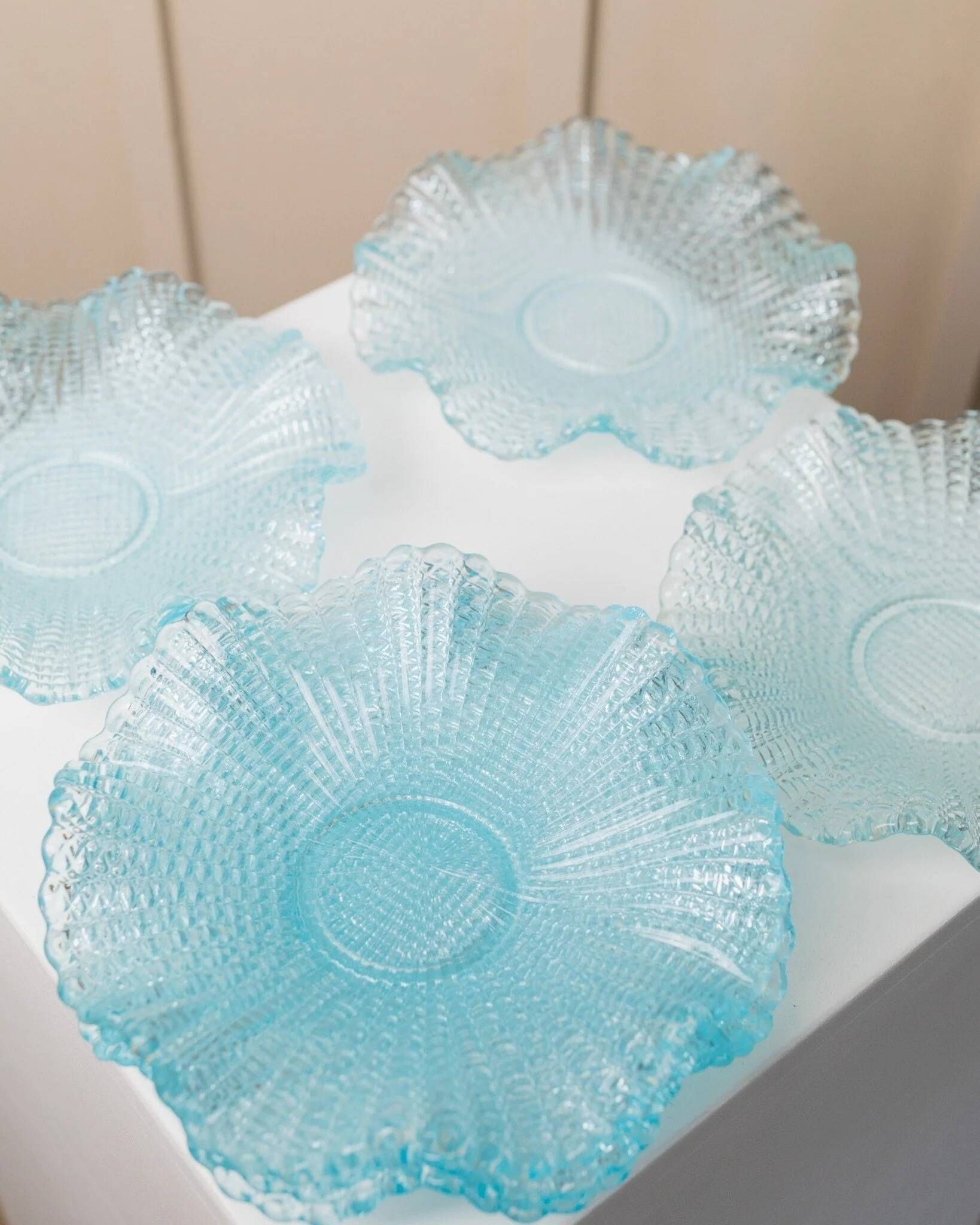 Six-piece turquoise crystal glass bowls, vintage 1980s, ruffled scalloped rims, pressed texture