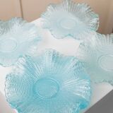 Six-piece turquoise crystal glass bowls, vintage 1980s, ruffled scalloped rims, pressed texture