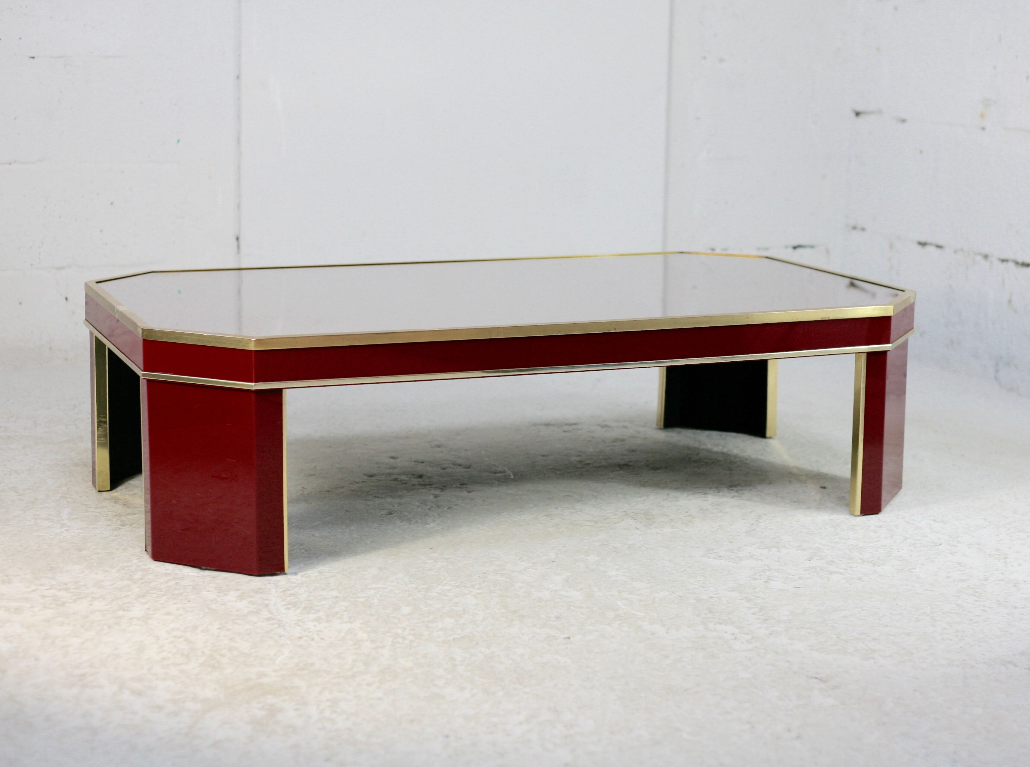 Coffee table Eric Maville glass brass plexiglass wood France, 70s. Small scratches. small