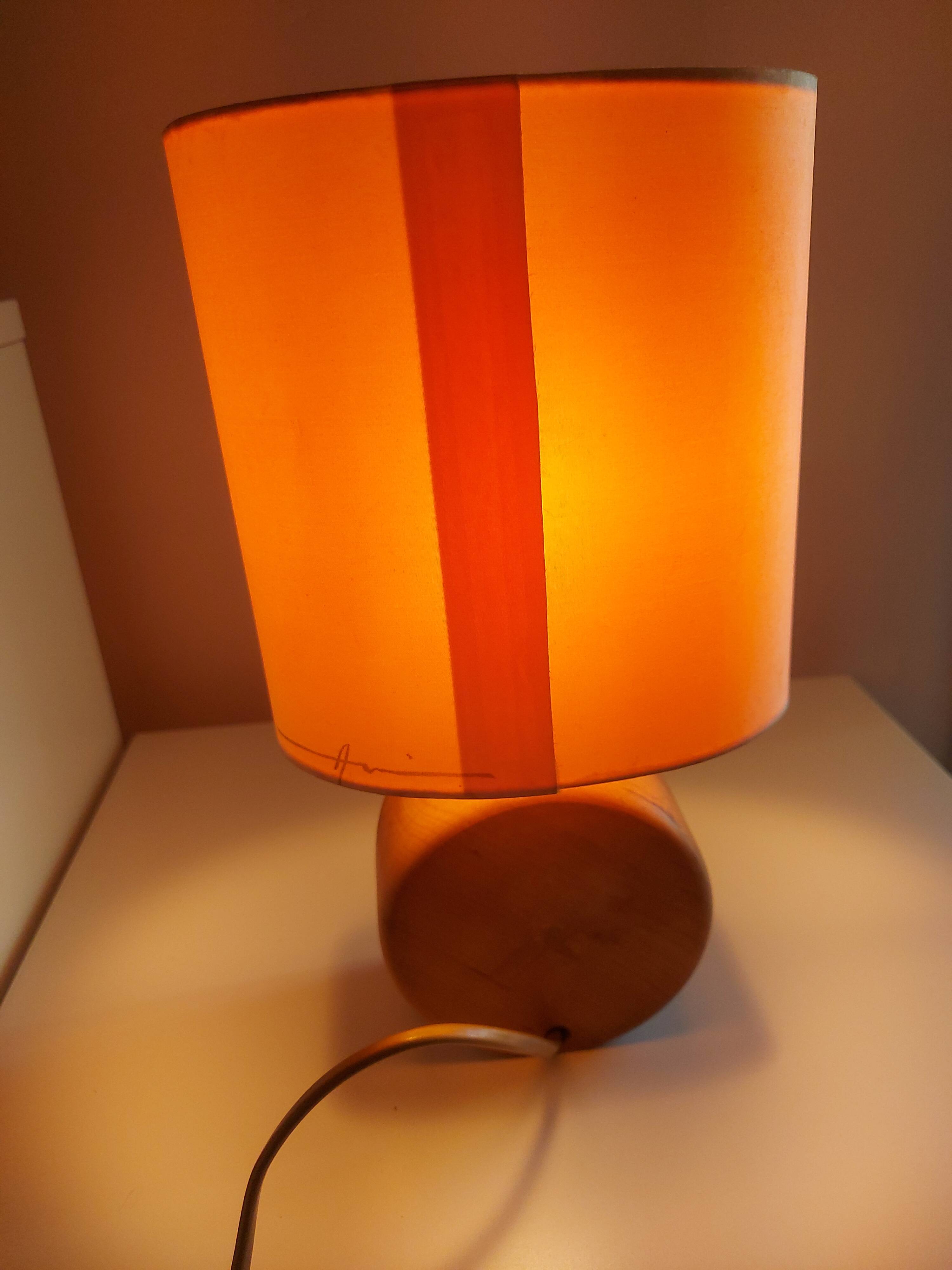 Wooden lamp with silk lampshade, hand painted, signed