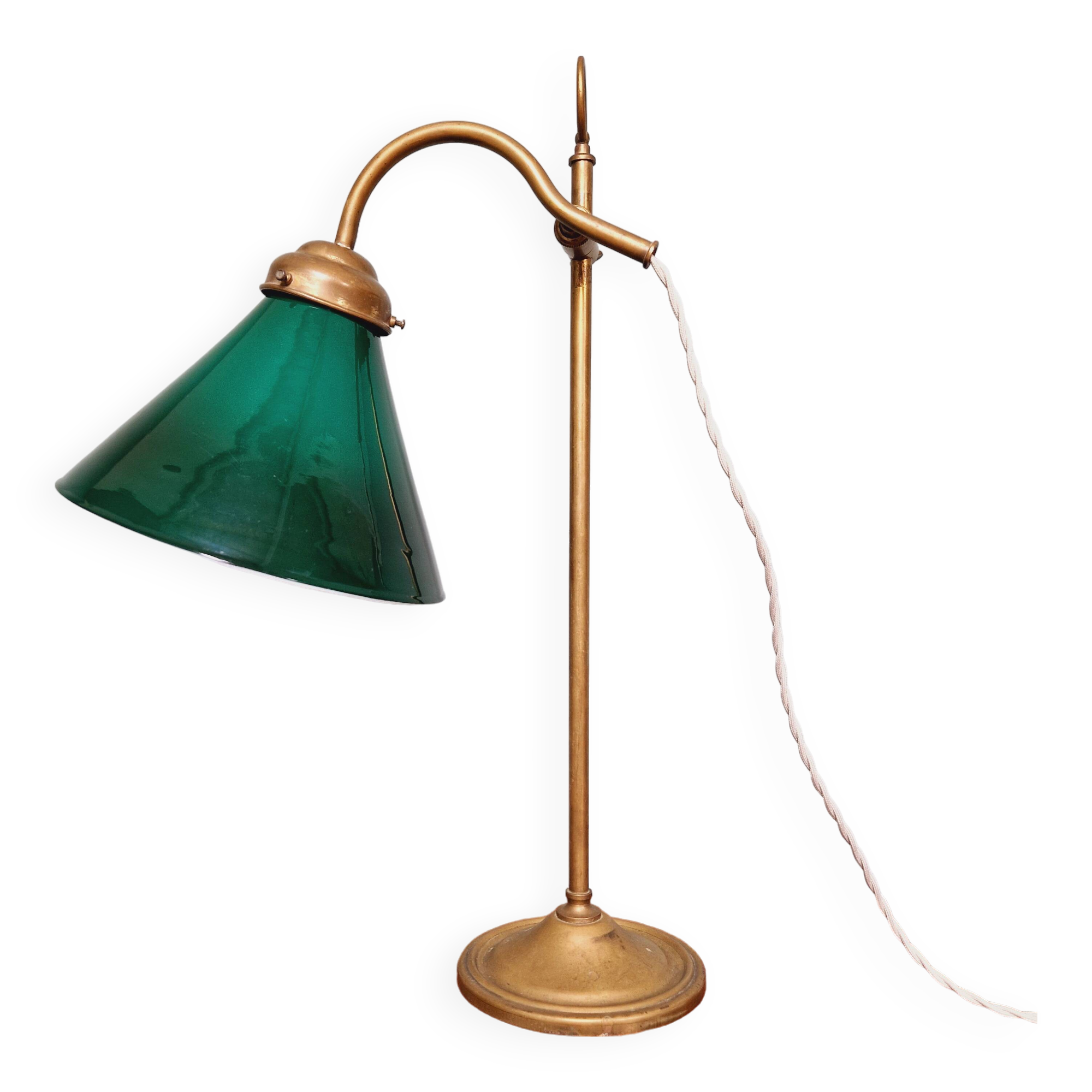 Art Deco desk lamp in brass and conical green opaline, 1920s-30s