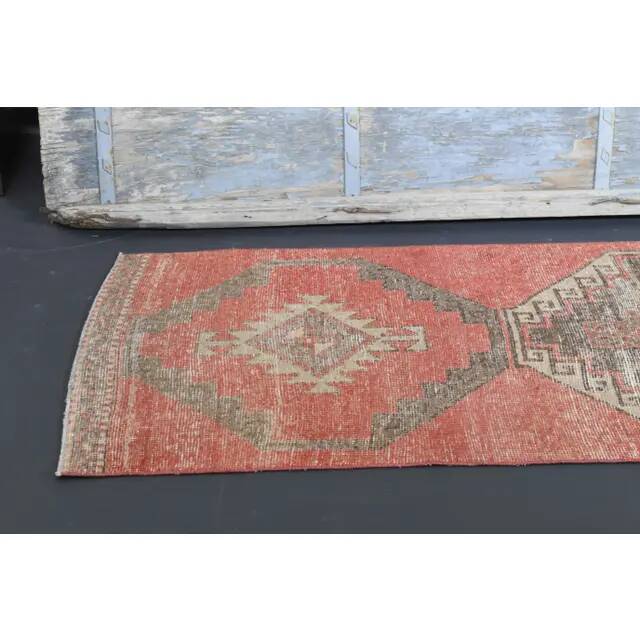 Vintage Turkish Hand-Knotted Wool Cotton Red Runner Rug 85x386