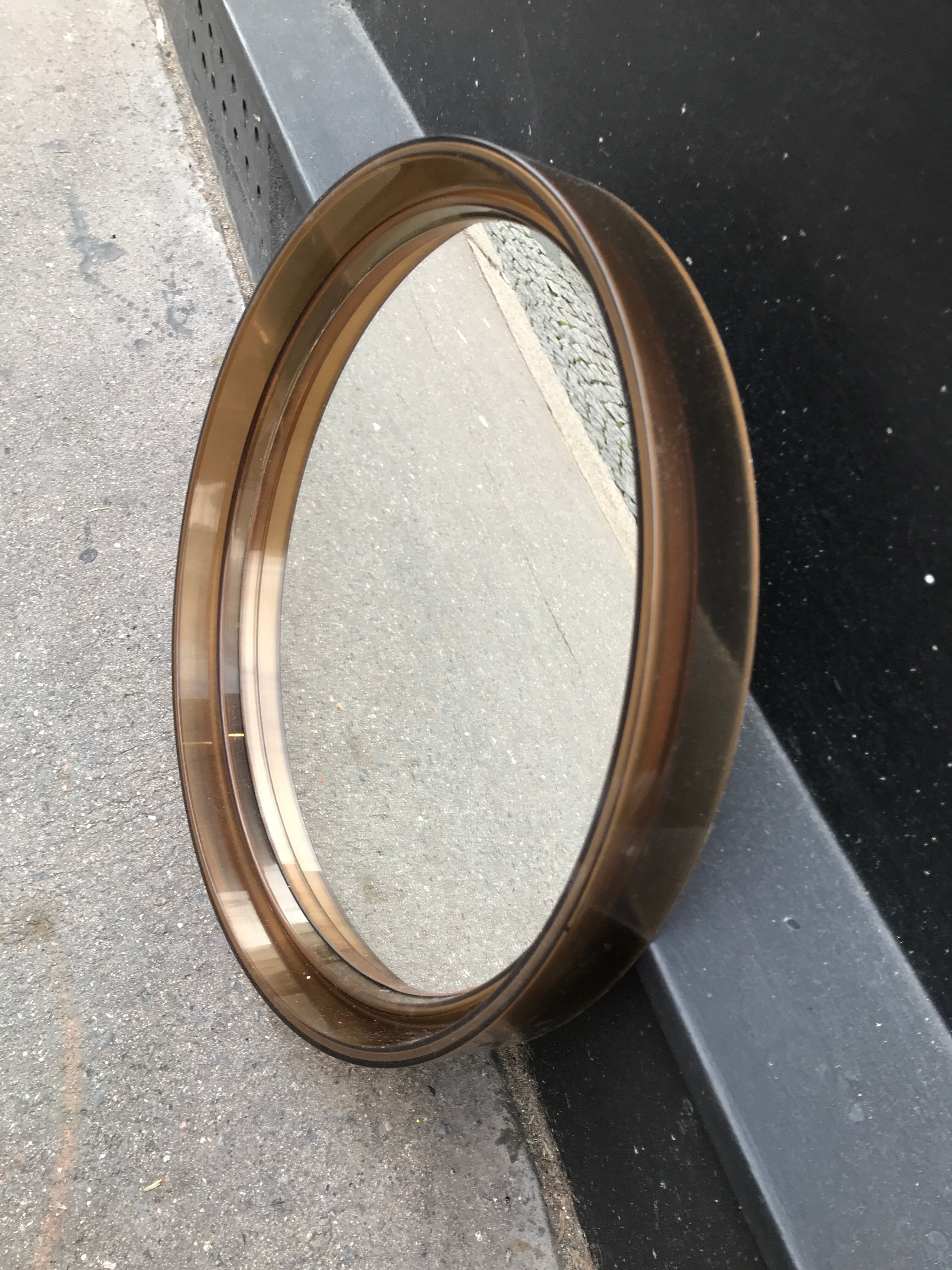 Round mirror plexiglass smoked gilac 1970 brown 40 cm