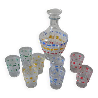 Ancien service à liqueur à porta carafe 8 verres décor géométrique années 1950/60