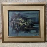 Tableau abstrait bleu, MACKOWIAK ERWIN, peintre belge, huile sur panneau, 1960