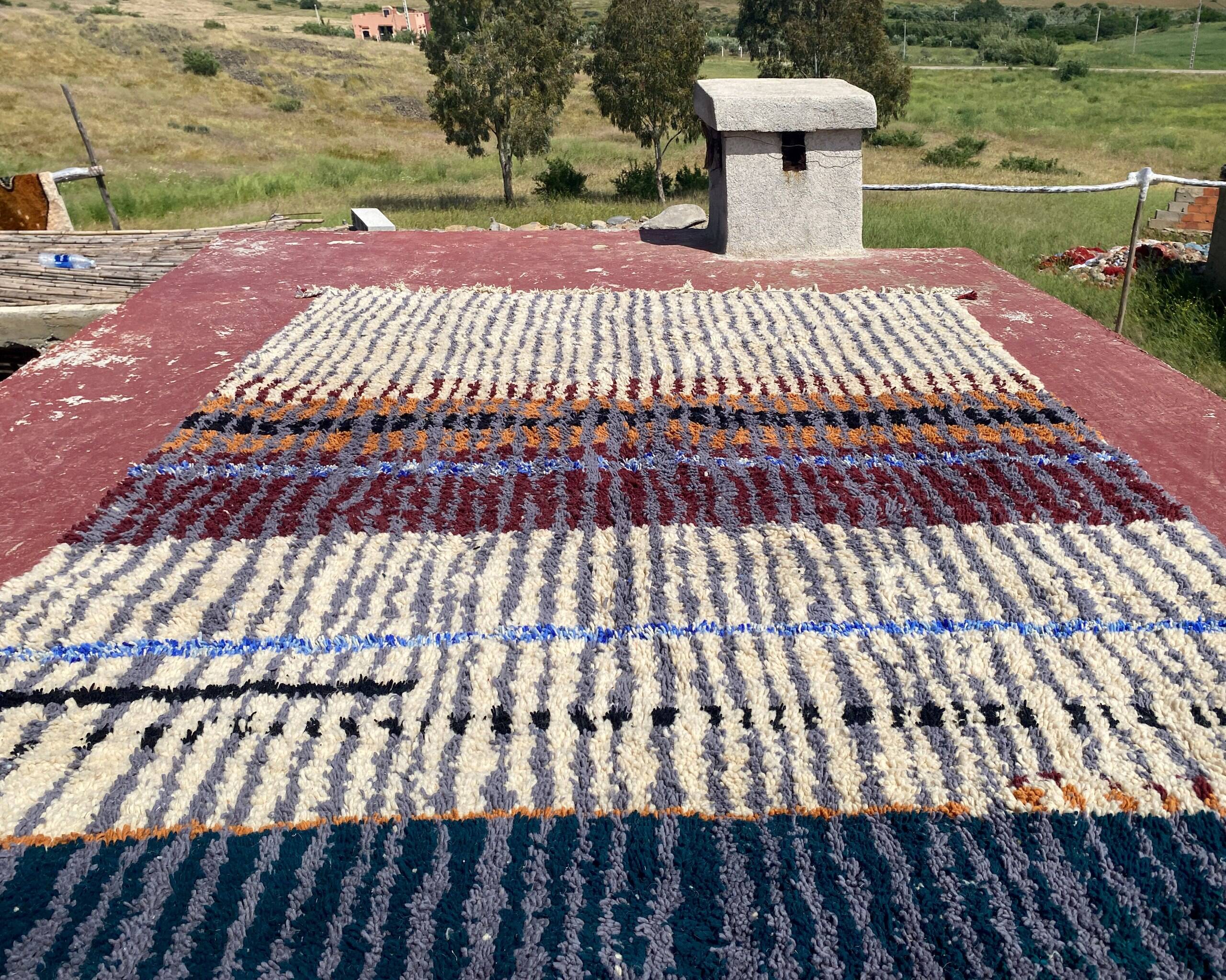 Vintage Moroccan Berber rug with multicoloured stripes – 332 x 244 cm