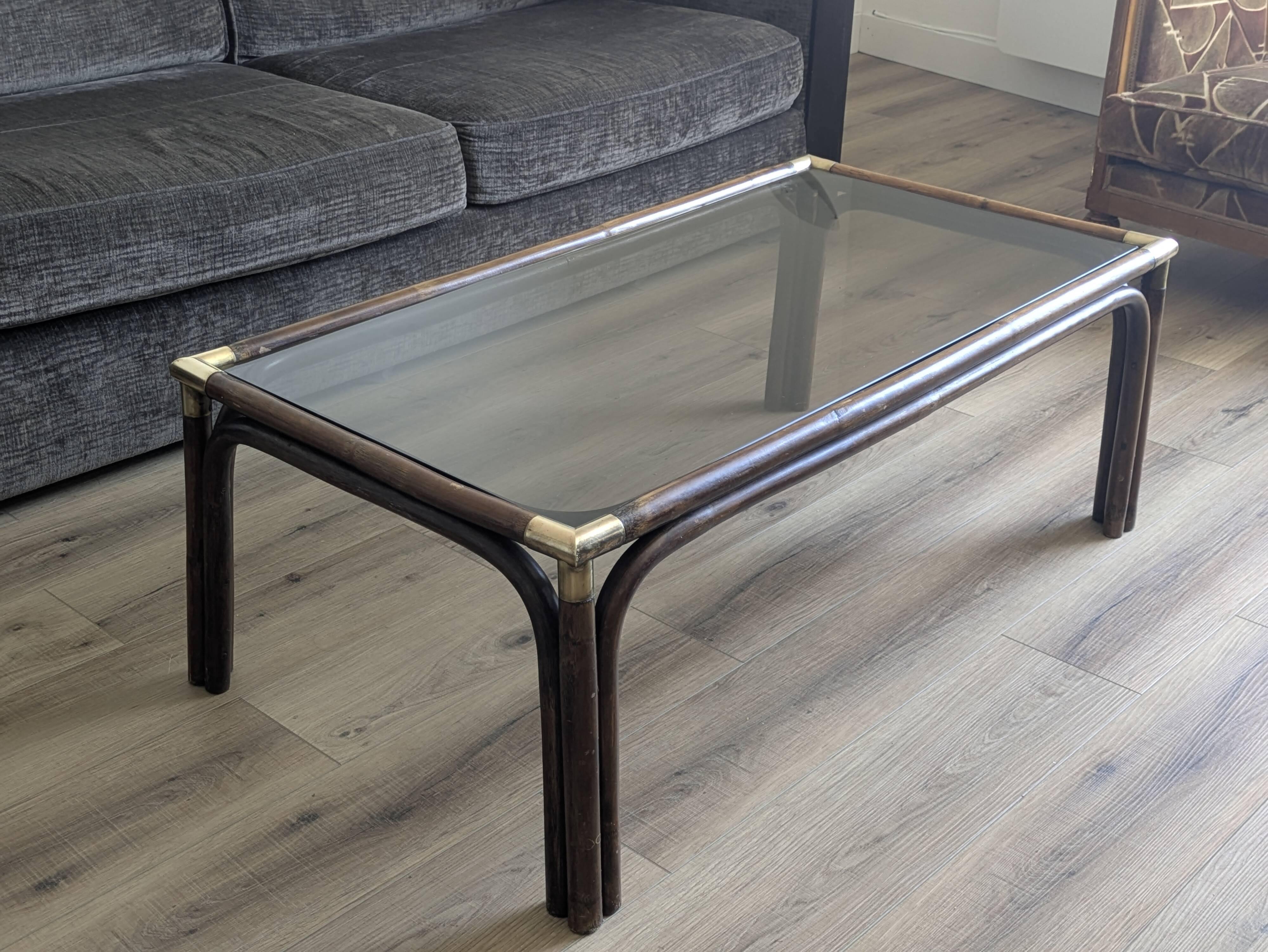 Bamboo coffee table with brass corners and smoked glass