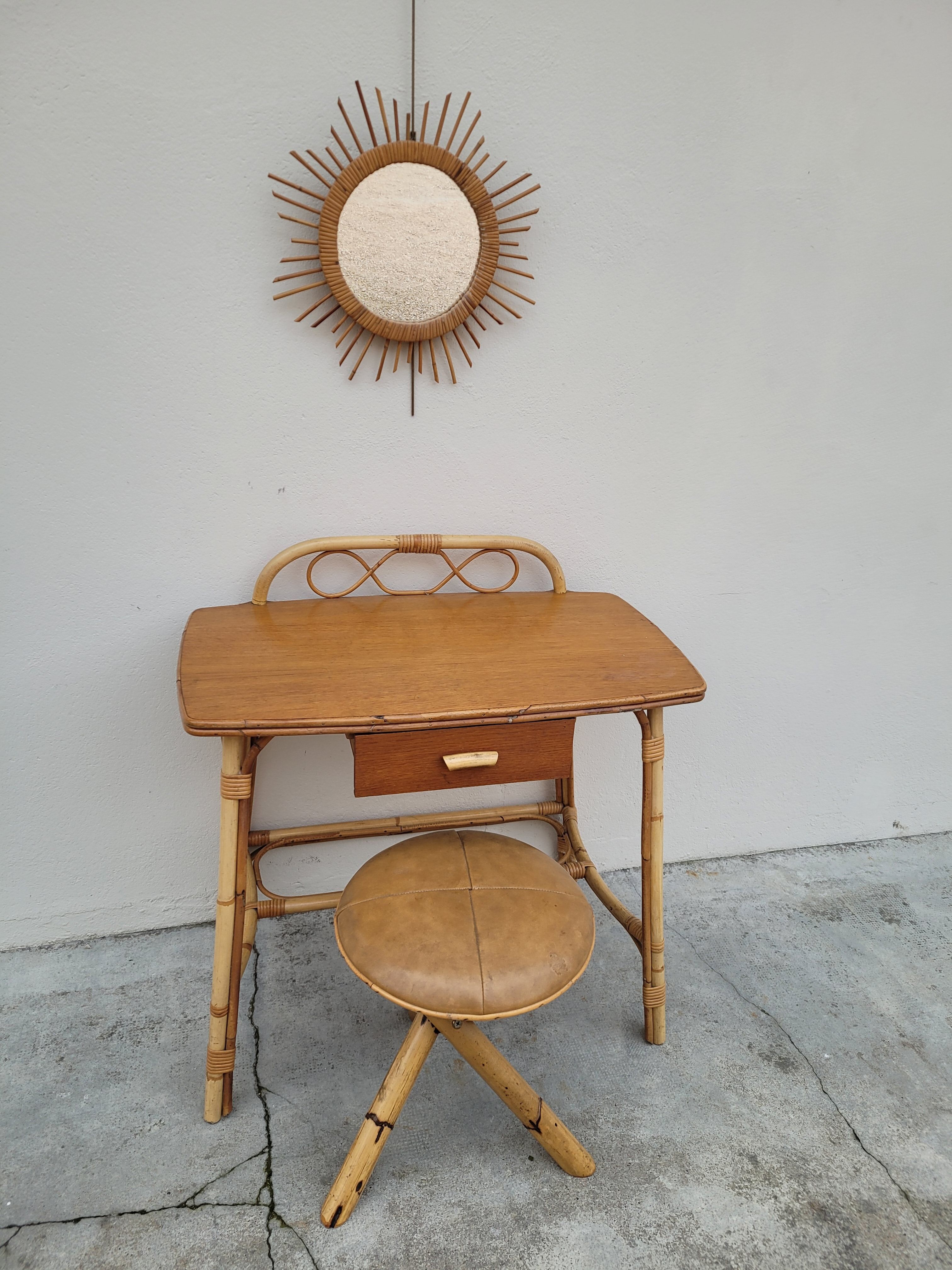 1950 vintage rattan dressing table with sun mirror