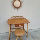 Coiffeuse en rotin vintage 1950 avec miroir soleil