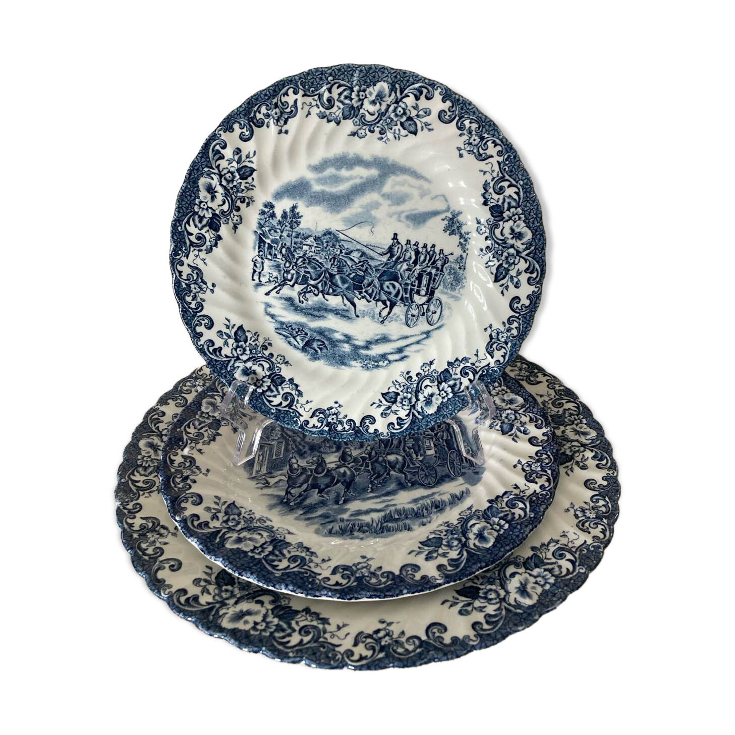Trio of Coaching Scenes blue plates by Johnson Bros / Brothers Irestone