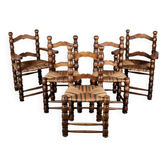 Série de 5 chaises bobines en bois tourné