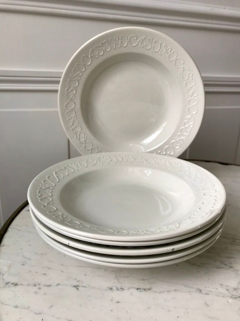 Set of 6 hollow plates Digoin Sarreguemines model Alphabet relief white 40s