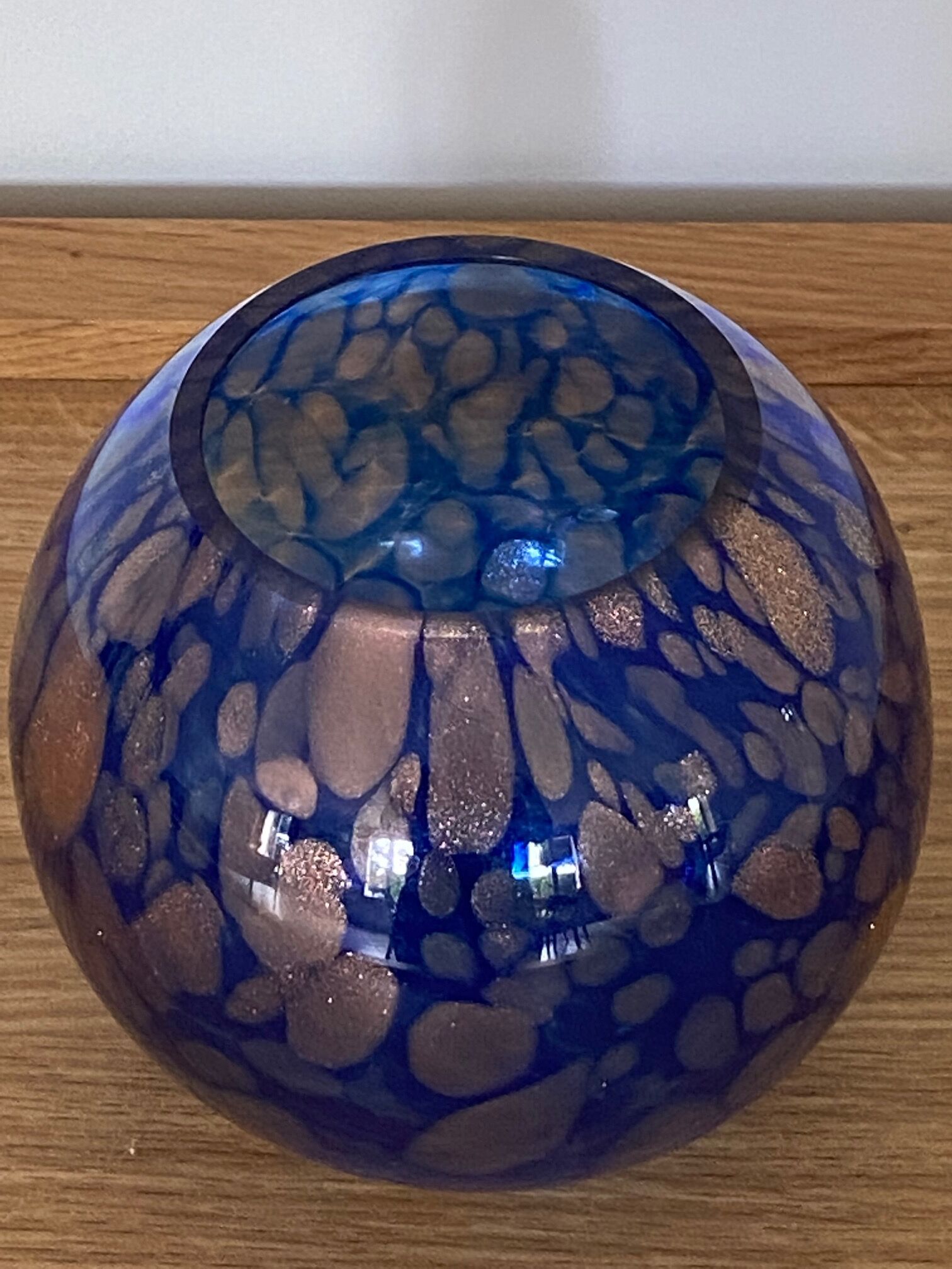 Blue vase in copper spotted glass