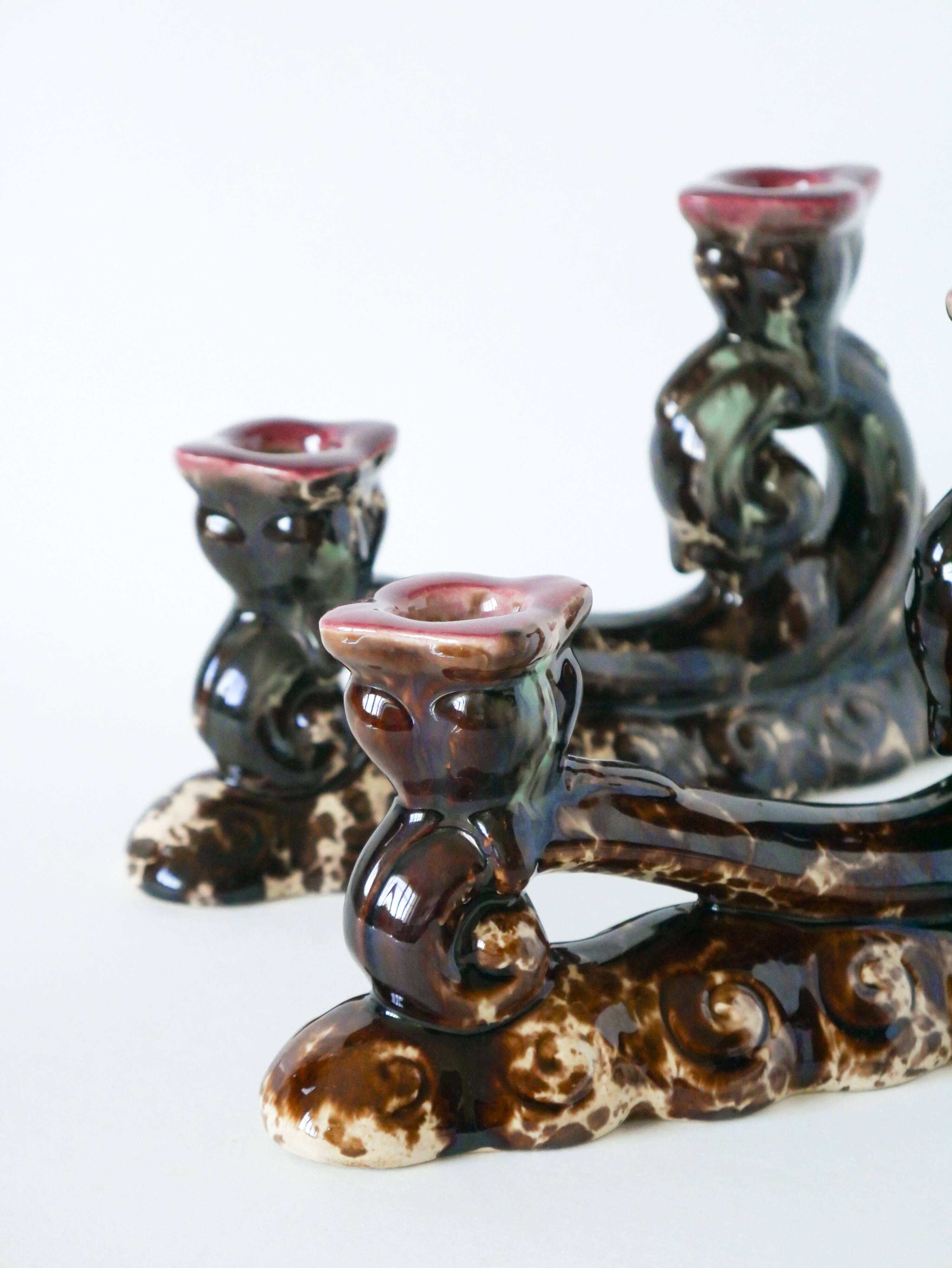 pair of double ceramic candlesticks, Brown & Pink, 1970