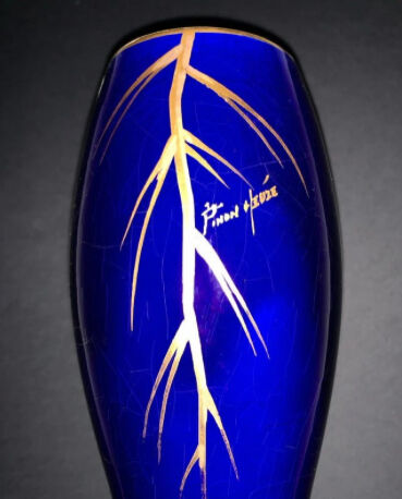 Maurice Pinon Heuze Vase in blue porcelain and gold Art Deco 1920