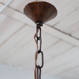 Pair of 1970s Brutalist Copper and Blown Glass Green Bottle Pendant Lamps