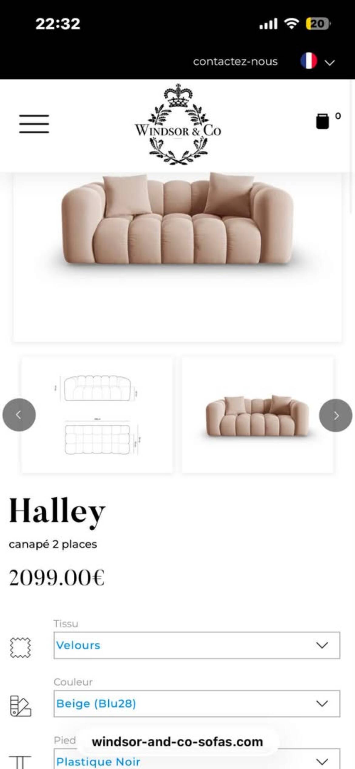Canapé Windsor & Co en velours taupe/beige - excellent état