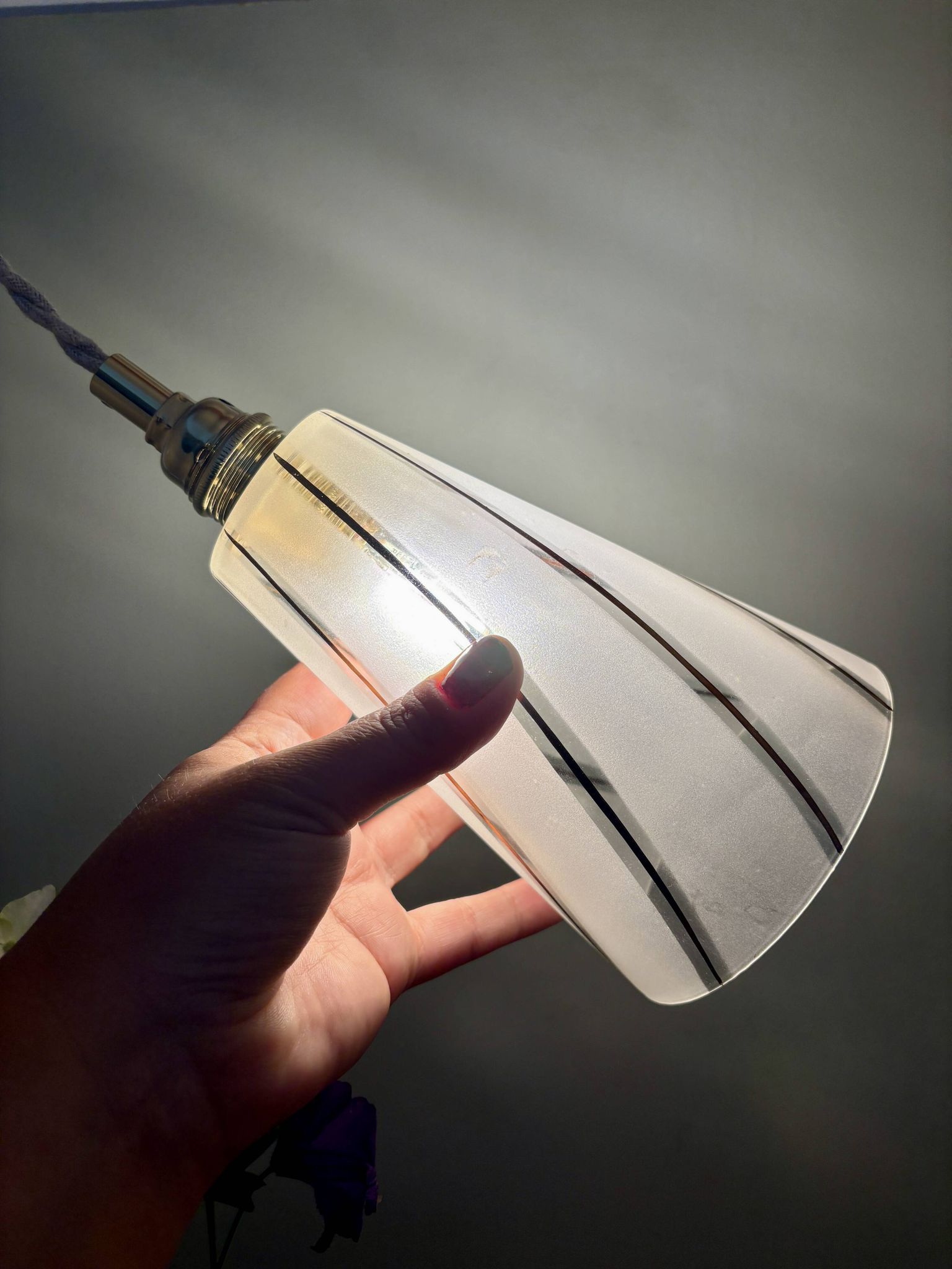 Vintage tulip pendant light in white frosted glass and gold trim