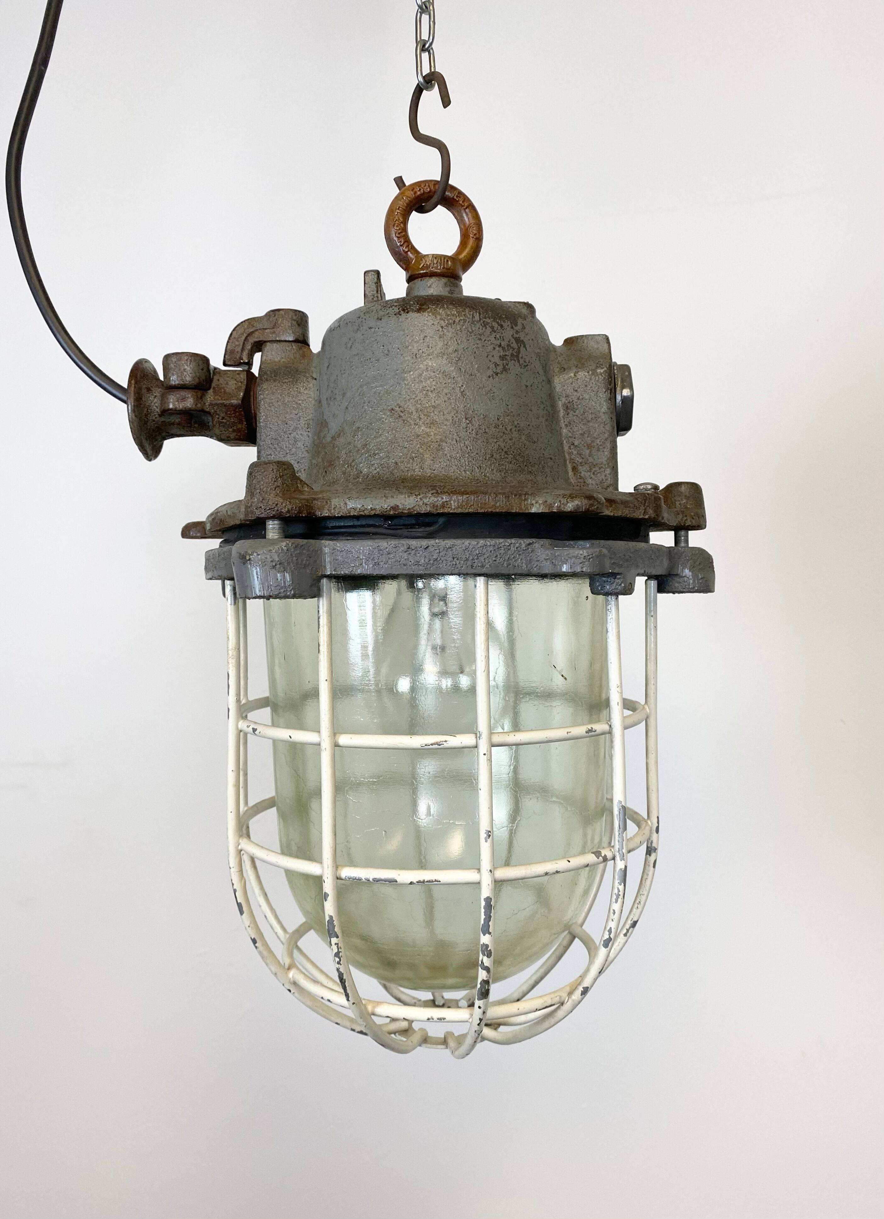 Grey cast iron industrial cage pendant light, 1970s