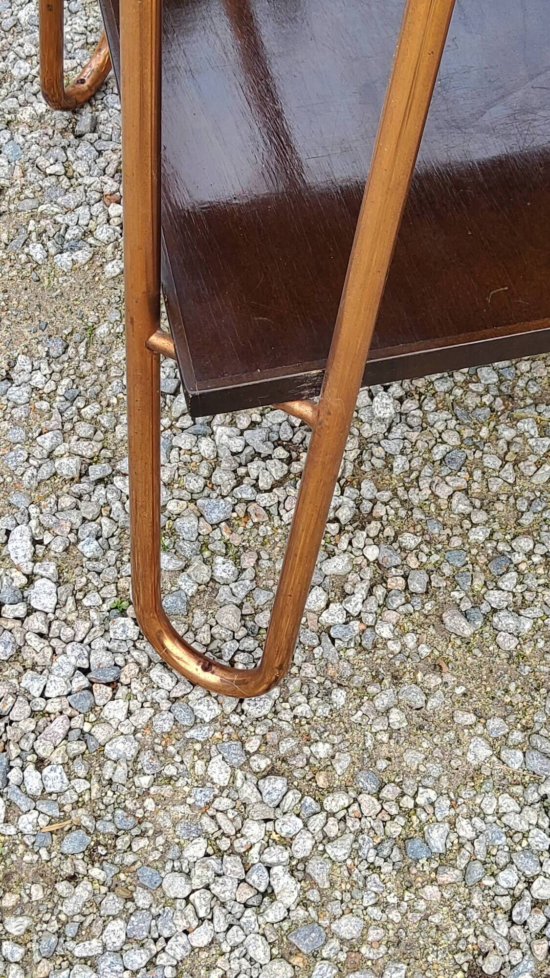 Vintage double wooden side table with copper base from the 50s