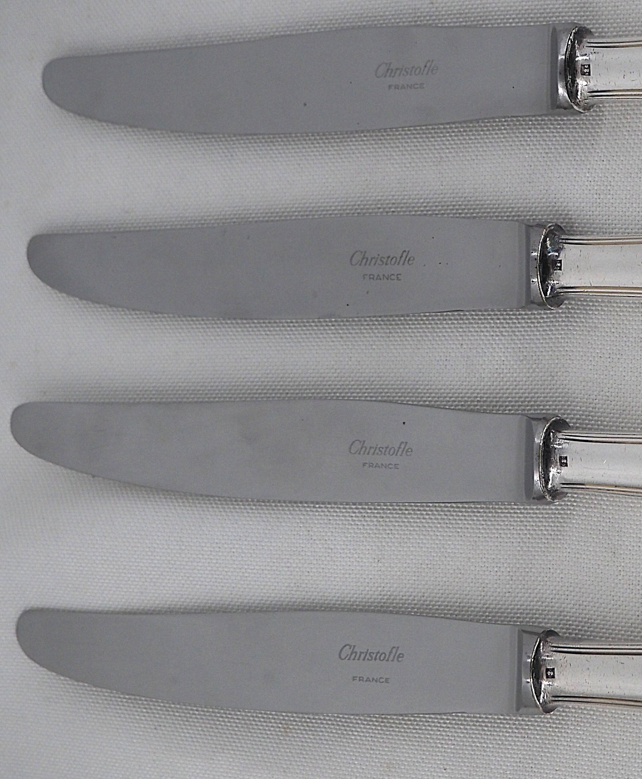 Christofle America, Art Deco, 4 silver-plated table knives, excellent condition.