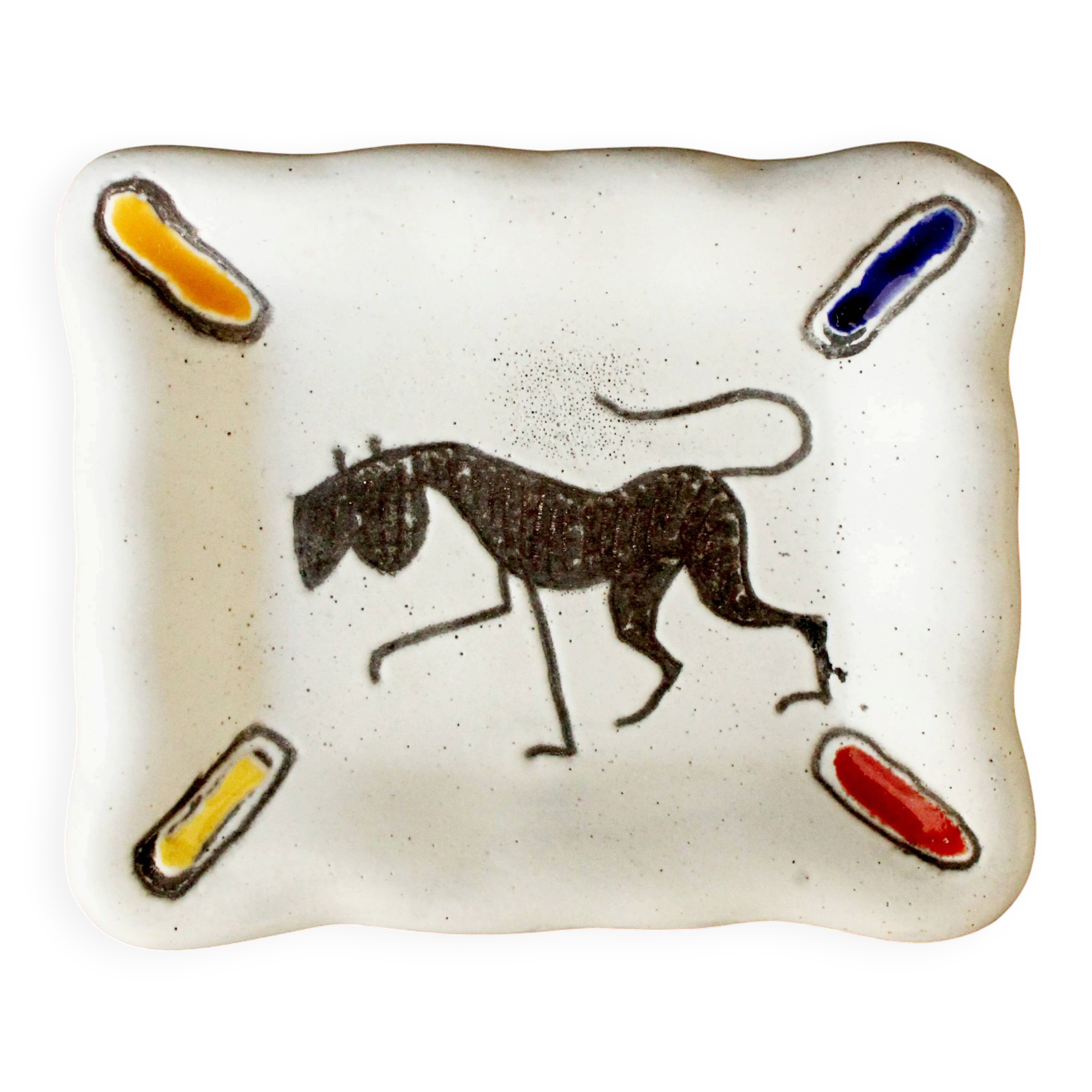 Small white and polychrome glazed ceramic ashtray, 1950s.