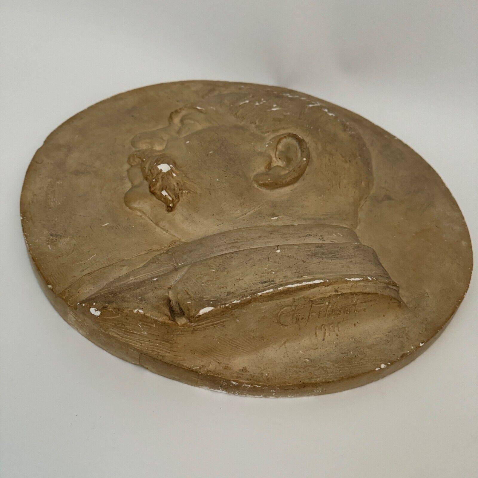 Plaster medallion portrait by Charles Filleul profile of a man 1901