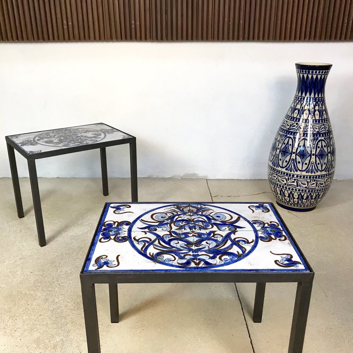 Italian ceramic tiles & steel side tables or nightstands, 1970s, set of 2