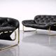 Canapé en cuir noir et métal doré, Suède 1970