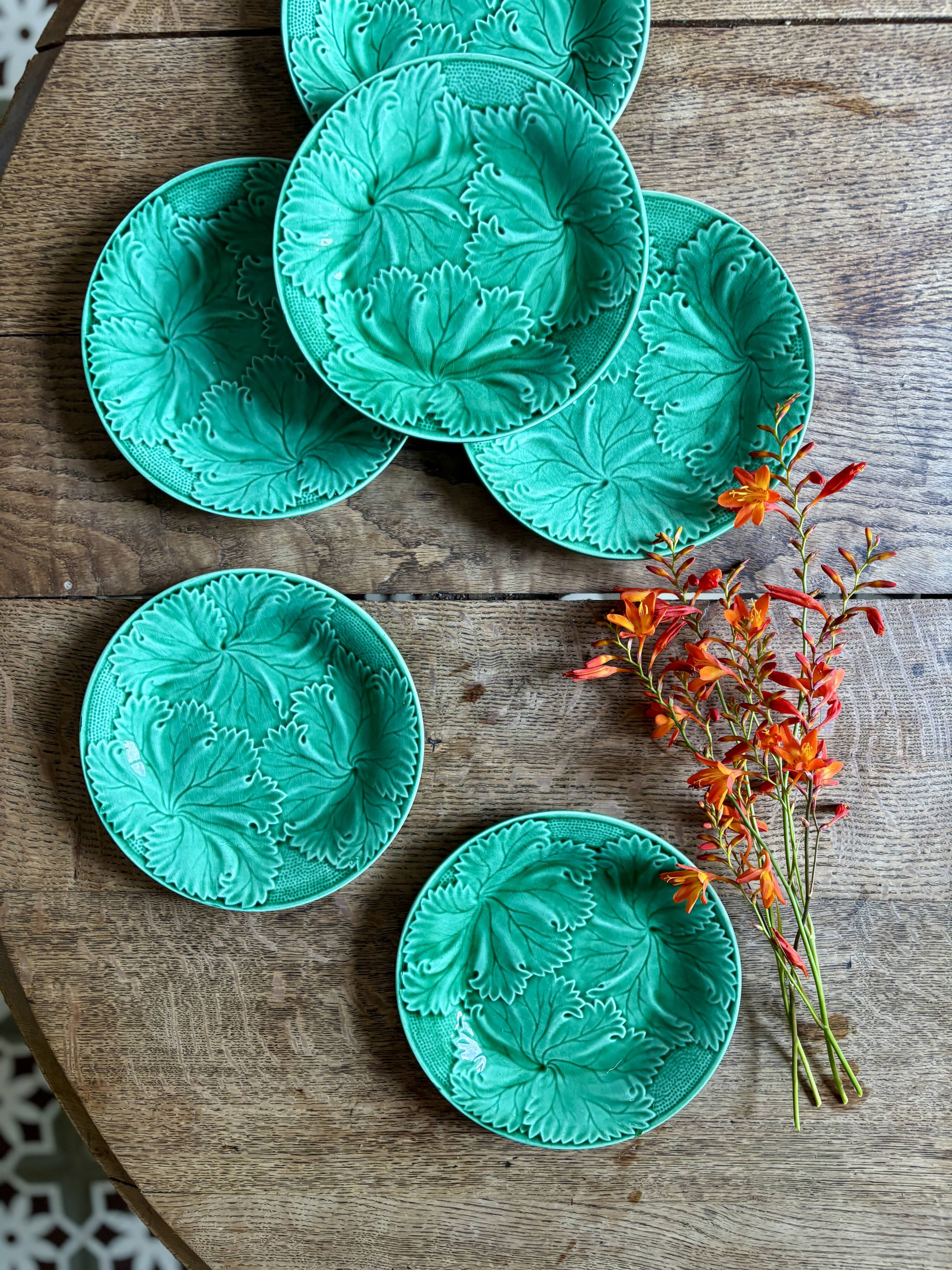 Set of 6 vintage green earthenware plates