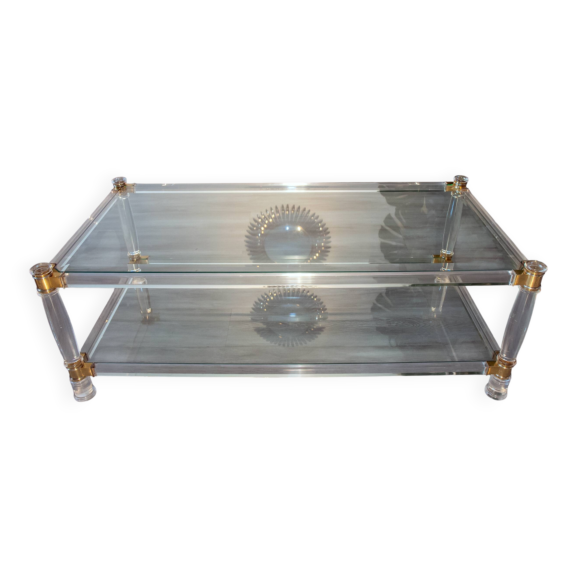Table basse verre, plexiglas et laiton, 1970-80
