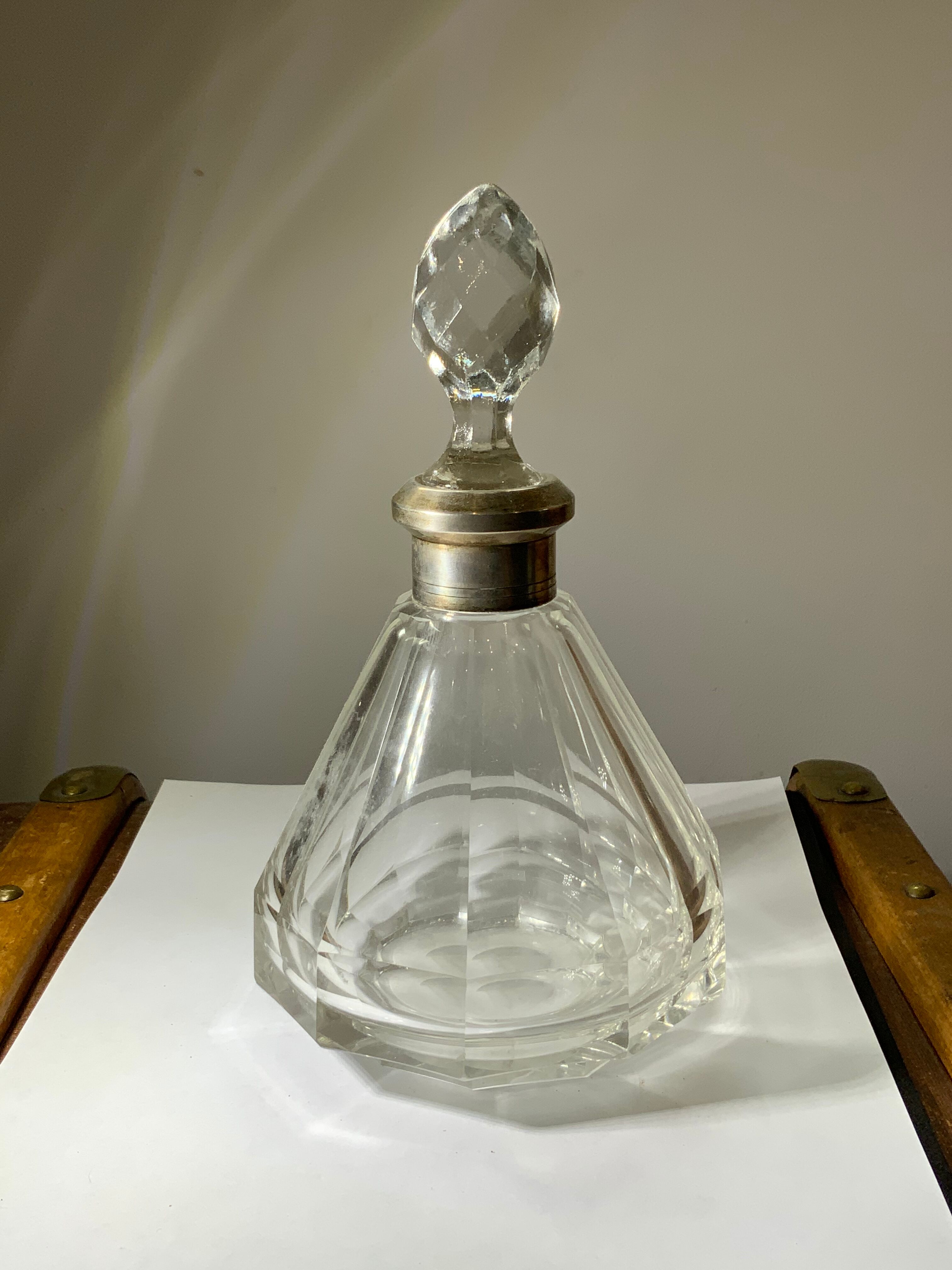 Antique crystal bottle with art deco hallmarked silver neck with facets