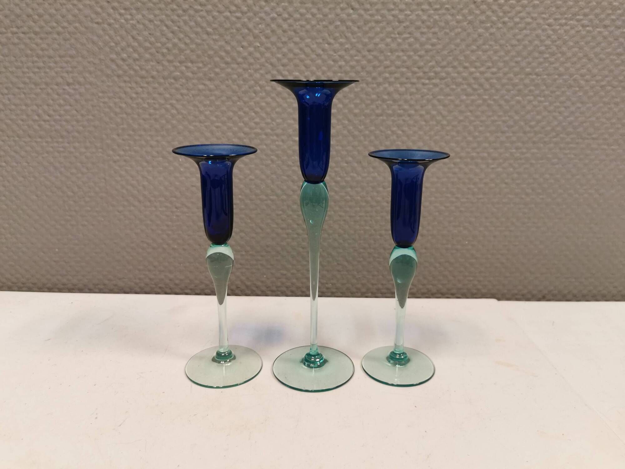 Royal Copenhagen set of 3 candle holders, model Harlequin in blue/turquoise glass.