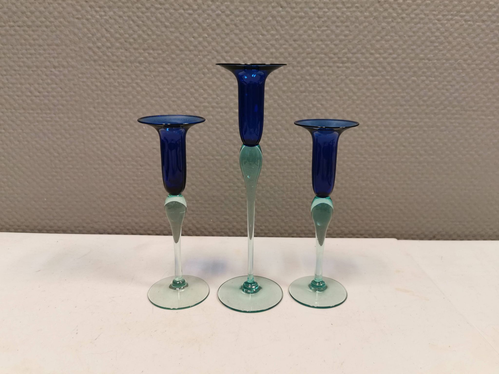 Royal Copenhagen set of 3 candle holders, model Harlequin in blue/turquoise glass.