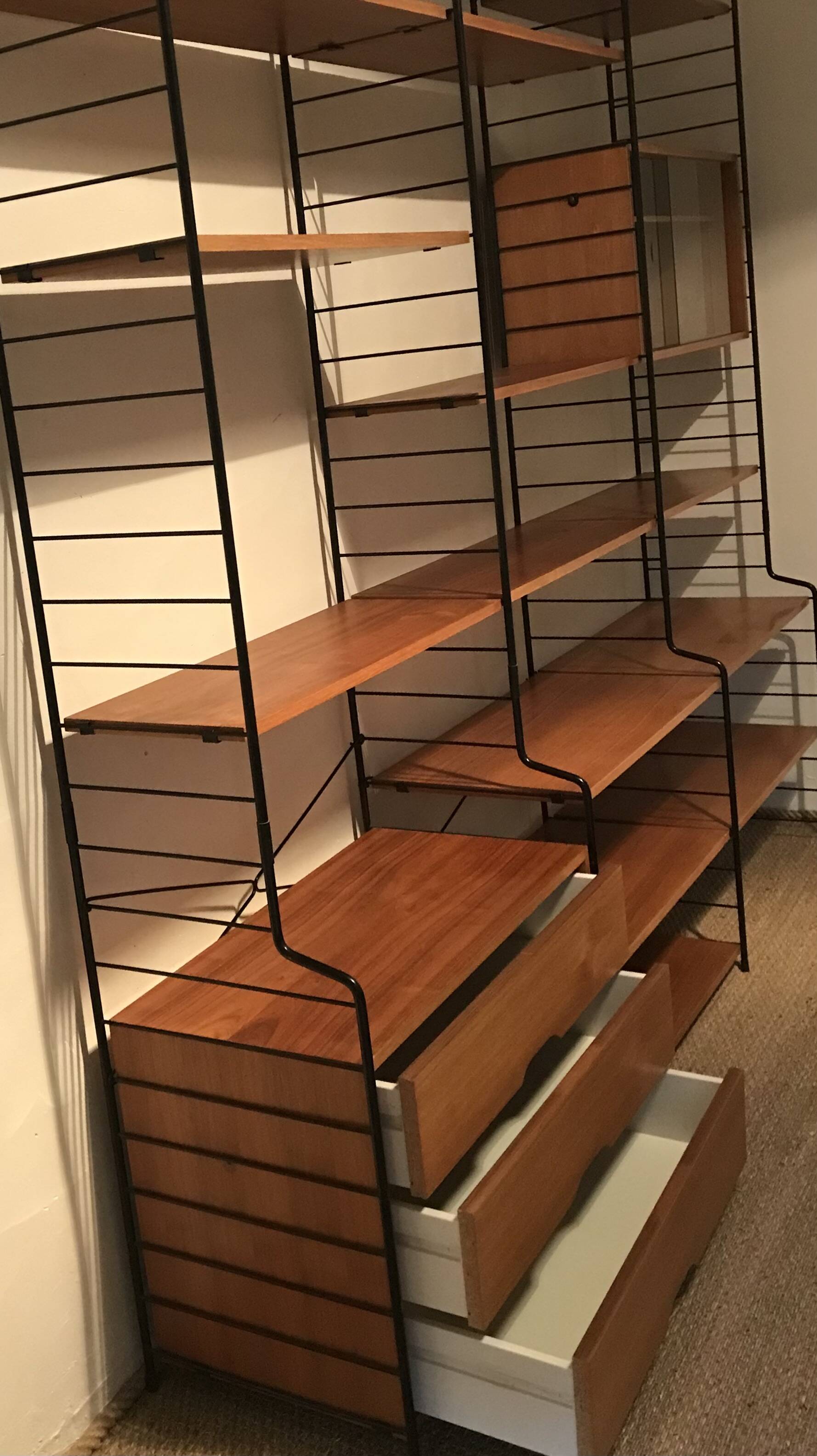 Vintage modular wall-mounted library shelf in blond walnut 1960-80