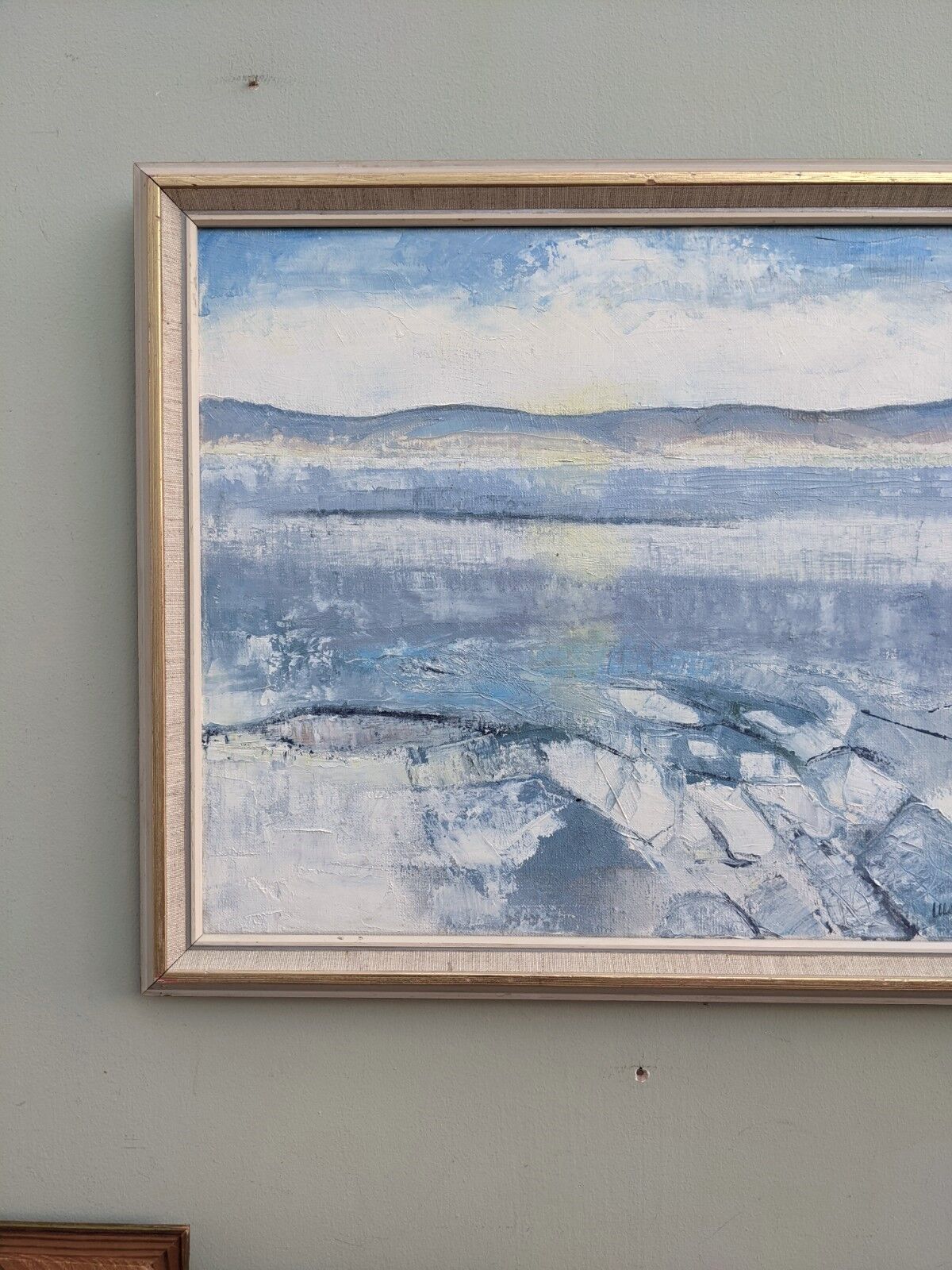 Vintage mid century framed oil painting, abstract coastal landscape - icy winter