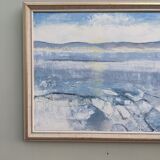 Vintage mid century framed oil painting, abstract coastal landscape - icy winter