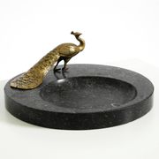 Beautiful, large black granite valet tray featuring a brass peacock, circa