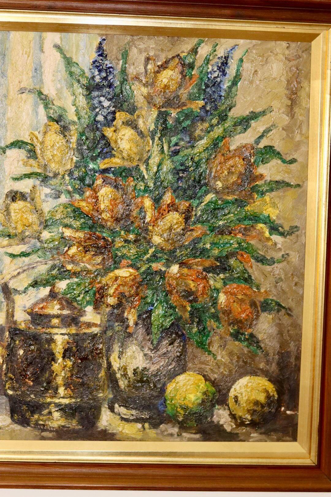 Oil painting on Swedish canvas from the mid-century "Floral Still Life" by Lars DraabyeK -- Vintage and framed.