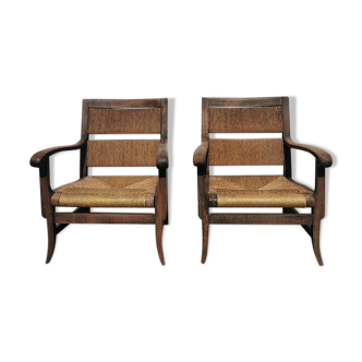 Paire de fauteuils en paille des années 40