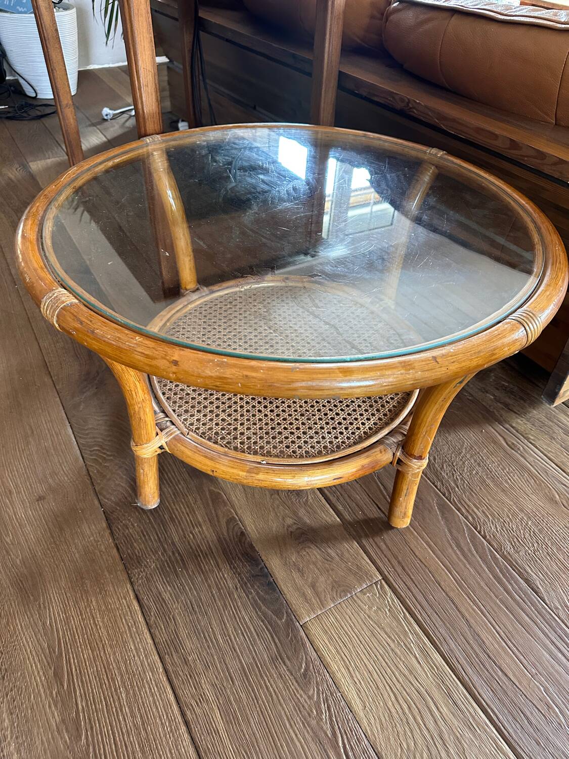 Vintage rattan and glass coffee table